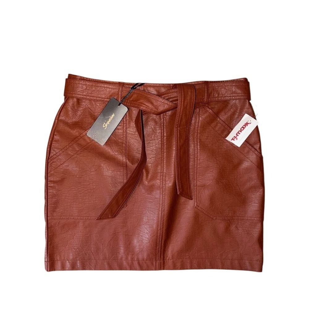 Shinestar Faux Leather Mini Skirt Cognac Brown High Waist Belted Pockets NWT
